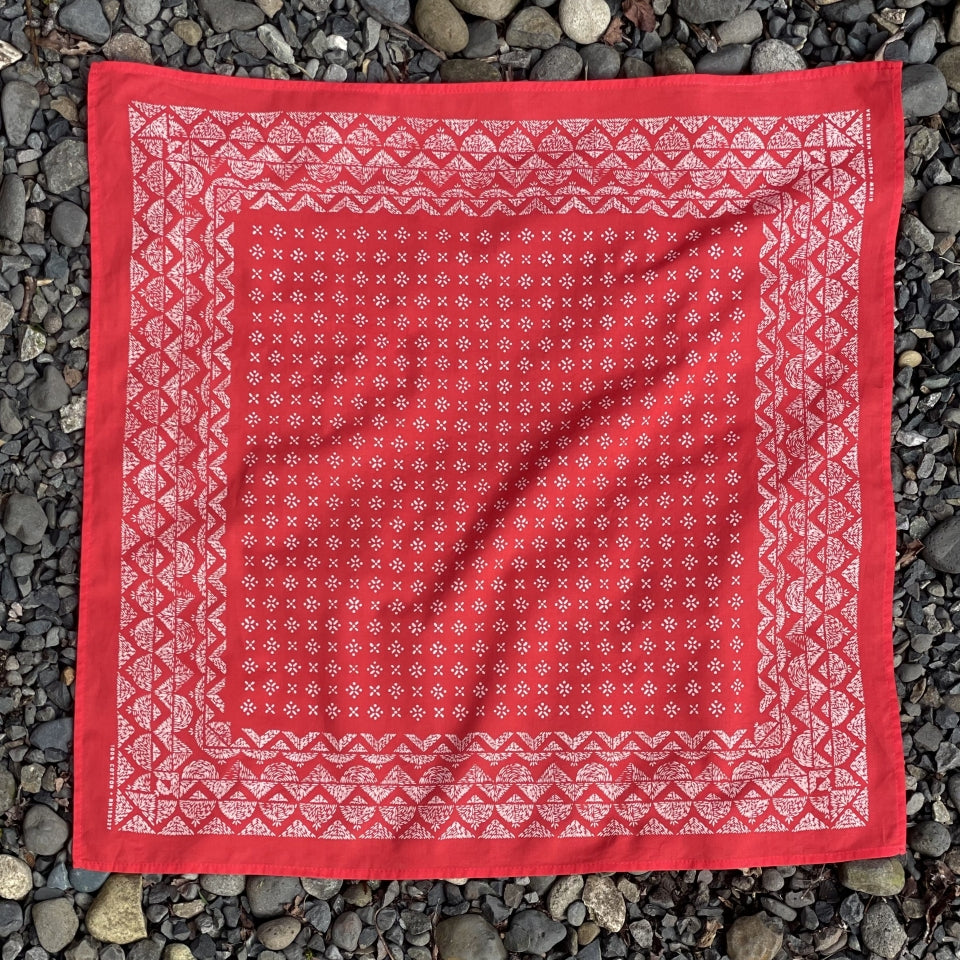 Red cotton bandana Made in USA on rocks