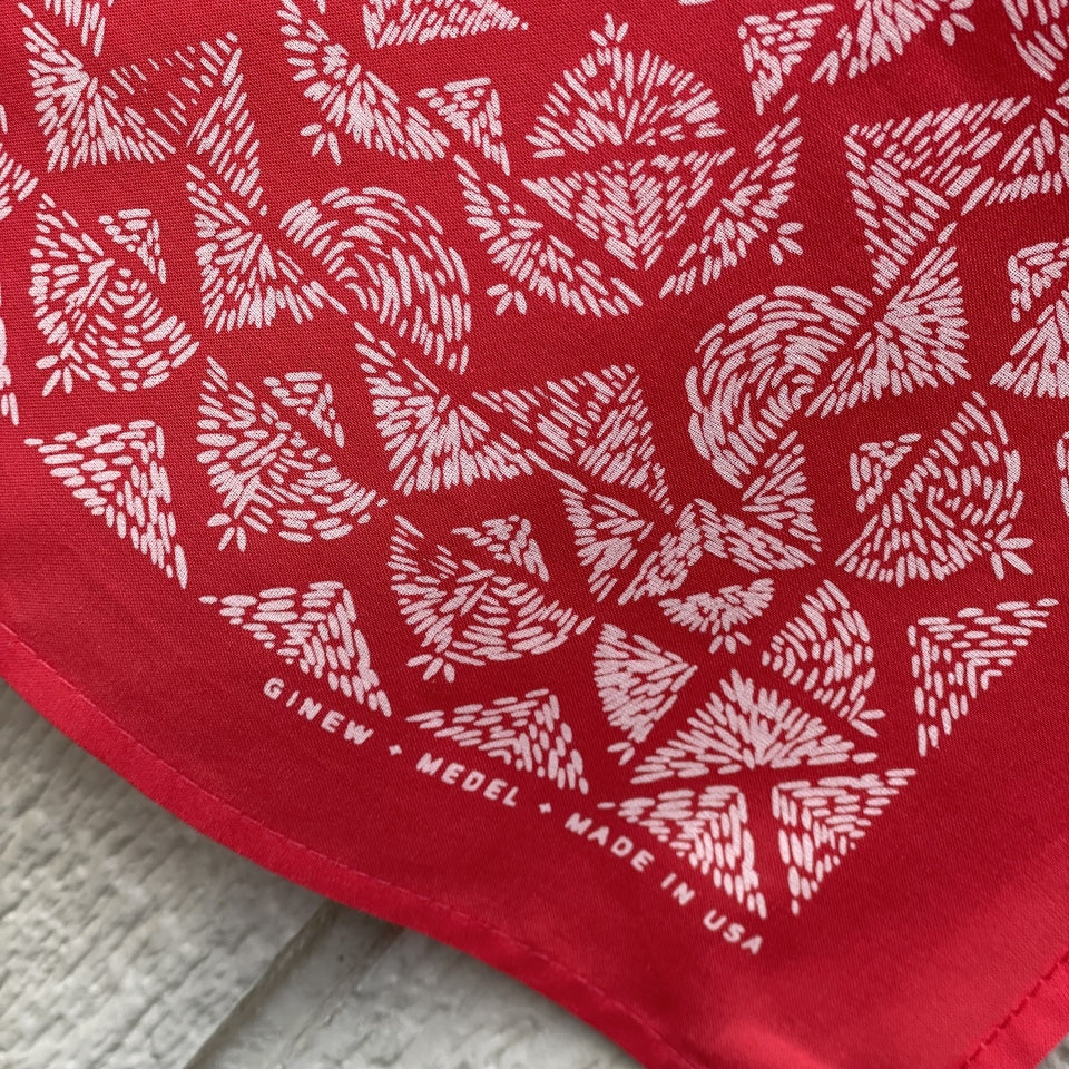 Red bandana with Ginew and made in USA in corner