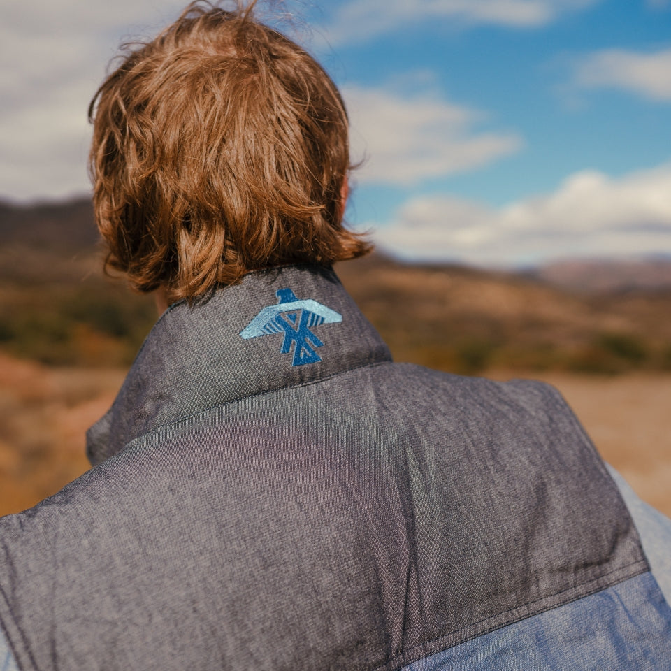 Close up of Native American Ojibwe Thunderbird on reversible denim vest 