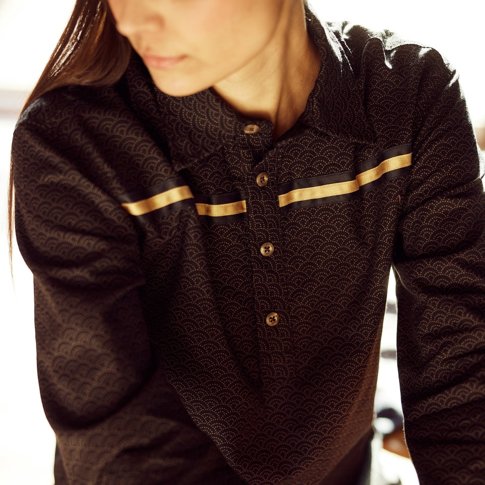 Native American Ribbon Shirt in Navy on female Indigenous model