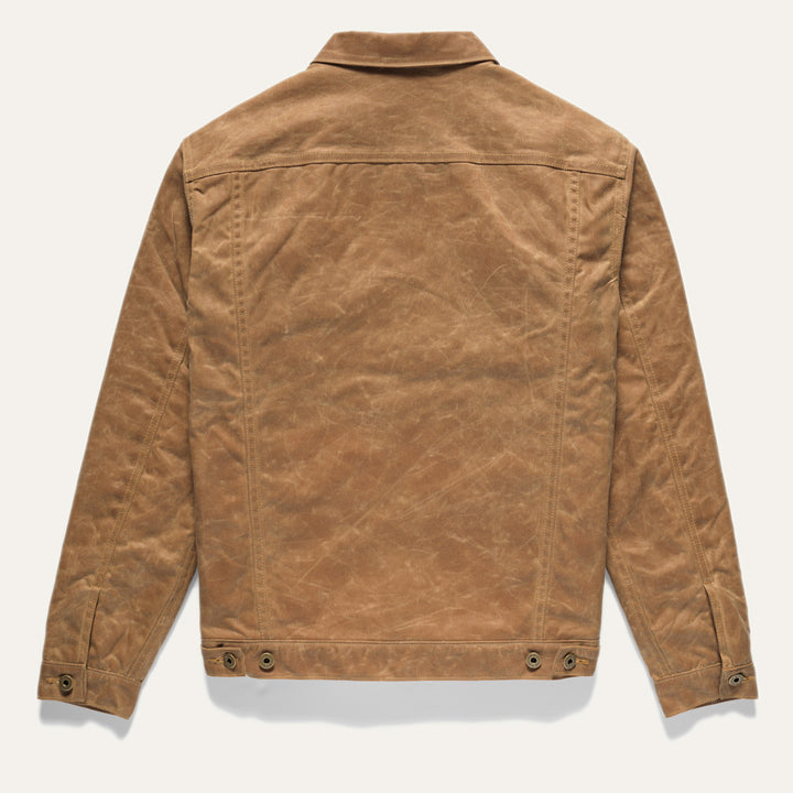 Full back view of Wax Canvas Rider Coat in Brown on neutral background.