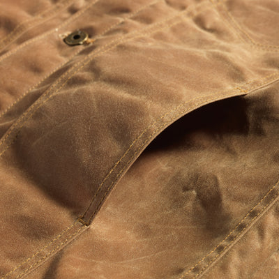 Detail view of side pocket on front of Coat.