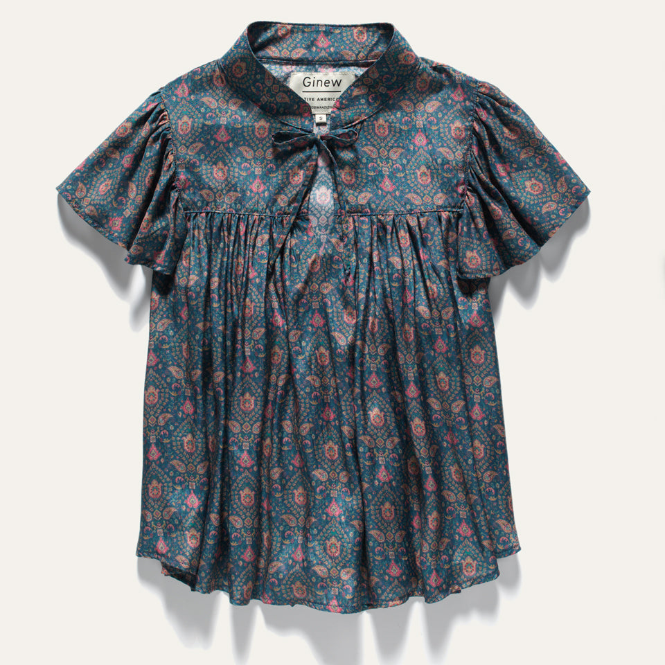 Short sleeve women's teal shirt with dusty pink flowers and paisley design