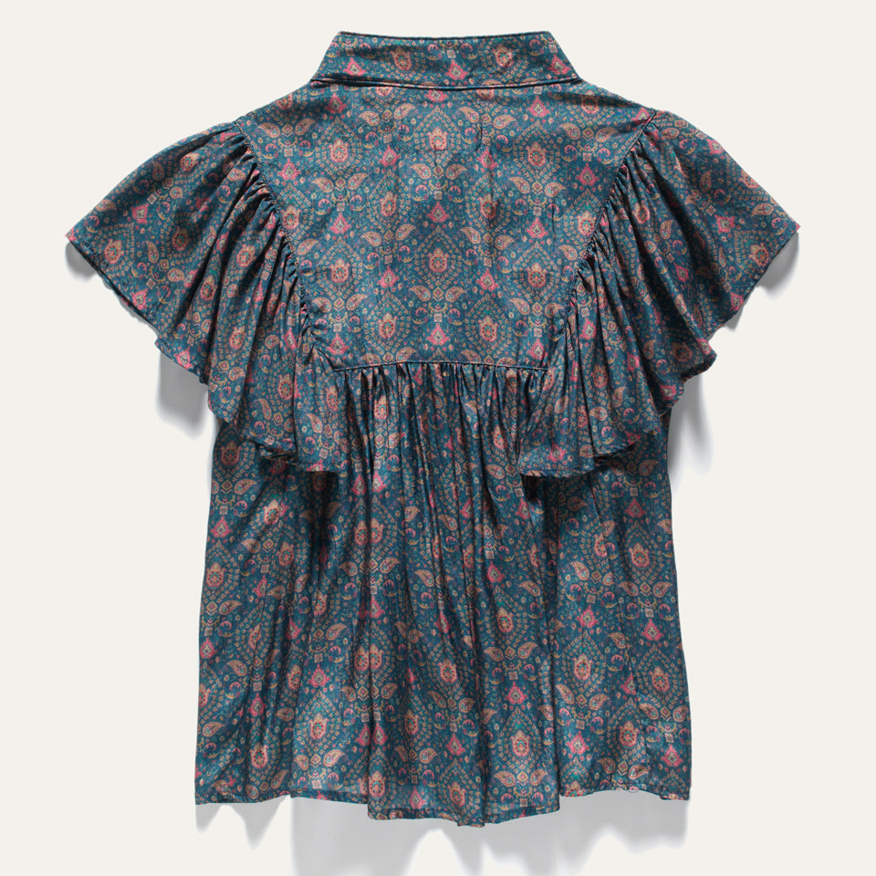 Back ruffles on Short sleeve women's teal shirt with dusty pink flowers and paisley design