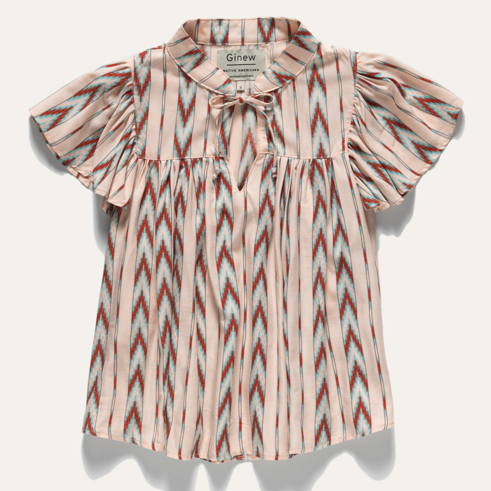Native American Ginew Stripe Ruffle shirt  in red, turquoise blue, cream front