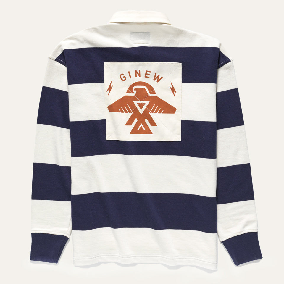 Navy and off white striped rugby shirt with Native American Thunderbird patch on back