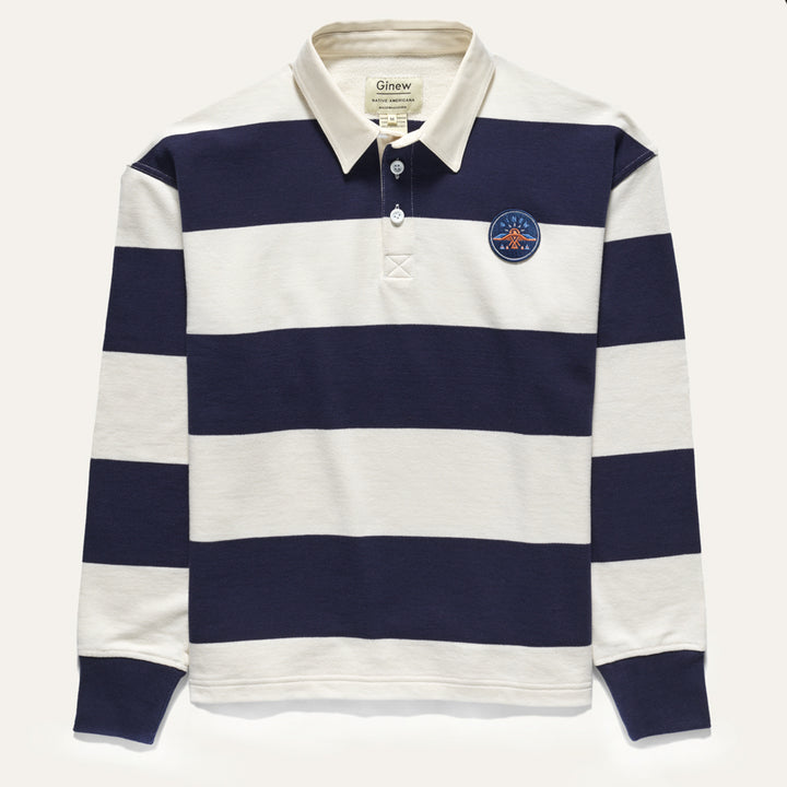 Navy and off white rugby shirt with Native American Thunderbird patch at chest 