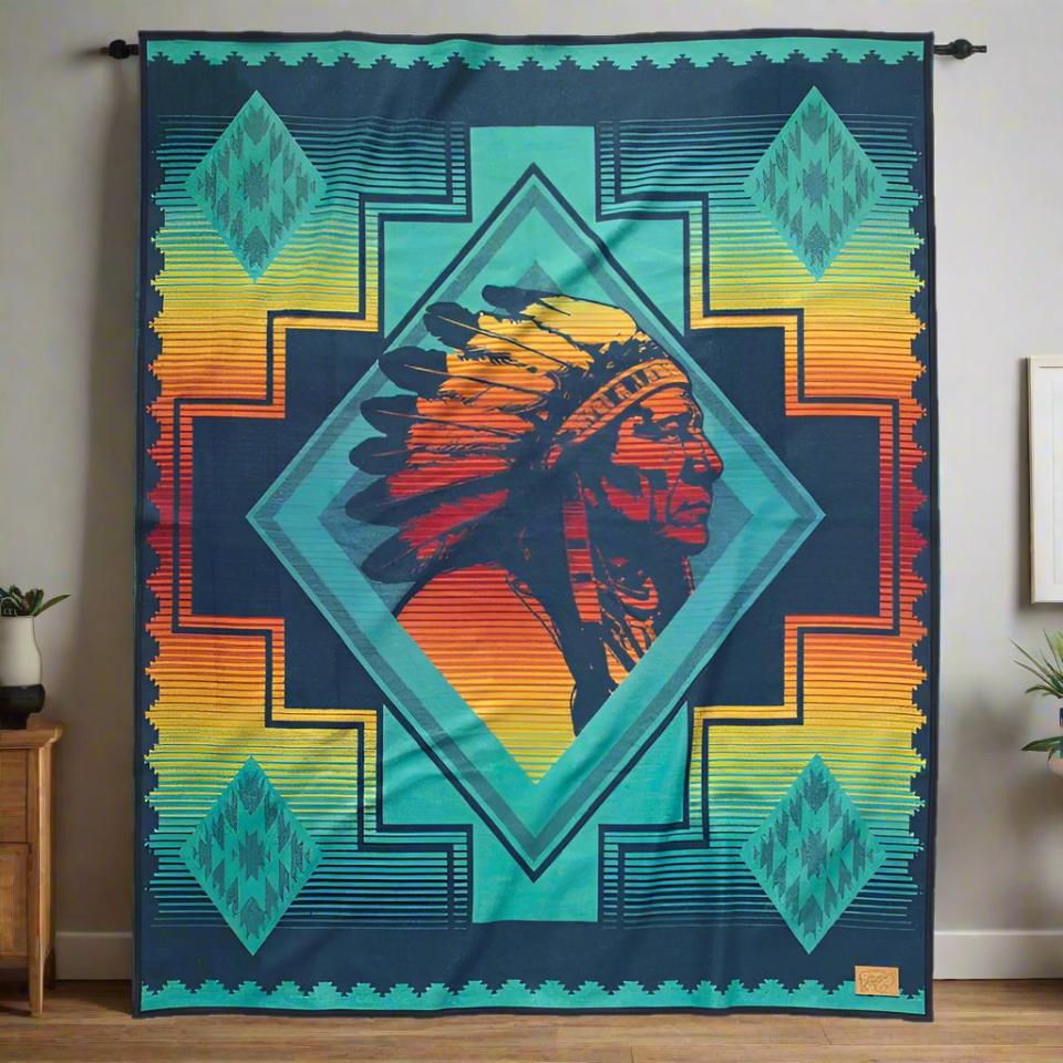 Colorful sitting bull blanket hanging on wall