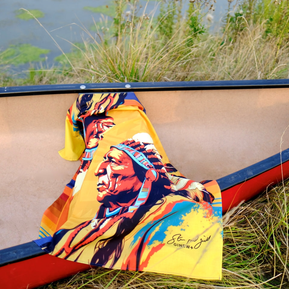 Colorful Sitting Bull profile on colorful bandana wild rag by Steven Paul Judd and Ginew