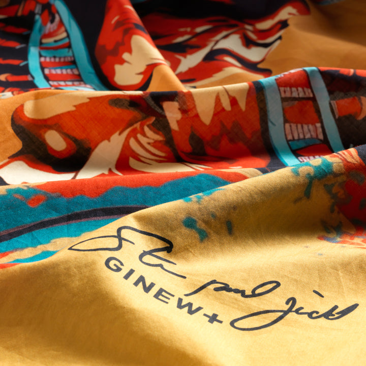 Close up of Steven Paul Judd's Signature on Ginew + Steven Paul Judd colorful Sitting Bull bandana in a stylized form. 