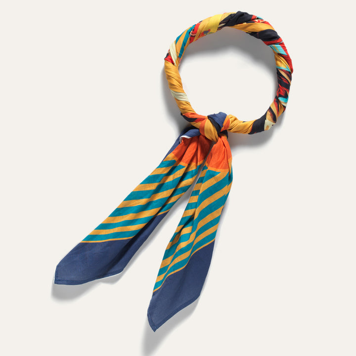 Twisted and tied Ginew + Steven Paul Judd colorful Sitting Bull bandana in a stylized form. 