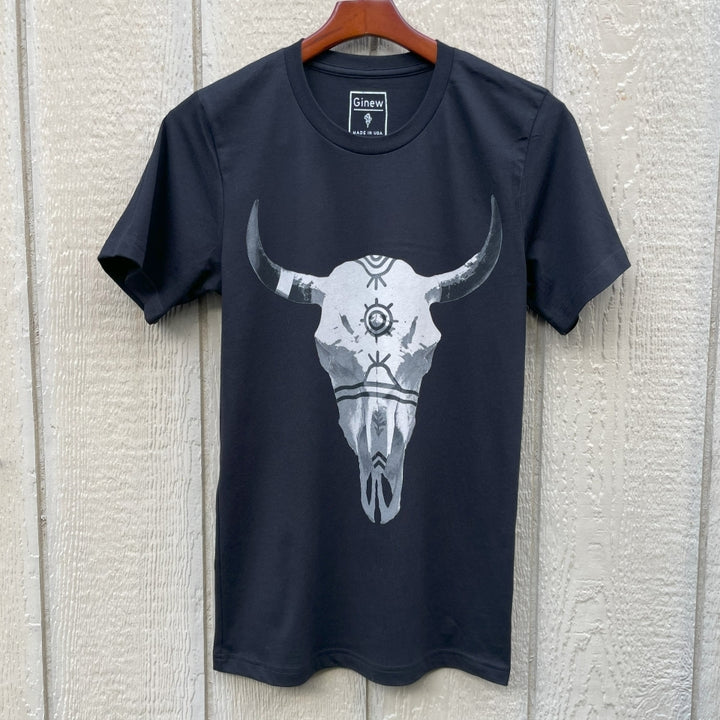Black cotton t-shirt with buffalo bison skull on front and Ginew tag reading made in USA 