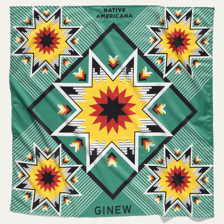 Large wild rag bandana with Eight point star design in green and yellow, white and black. 