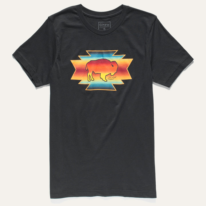 Steven Paul Judd designed buffalo t-shirt in a rainbow background