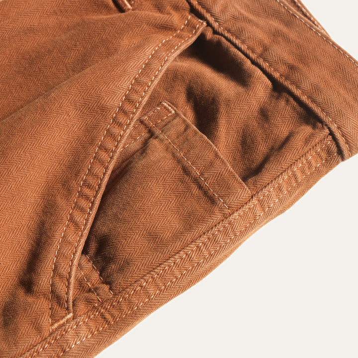 Herringbone twill pants in adobe color. Detail view of the smaller pocket in front left pocket of Superior Pant in Adobe.
