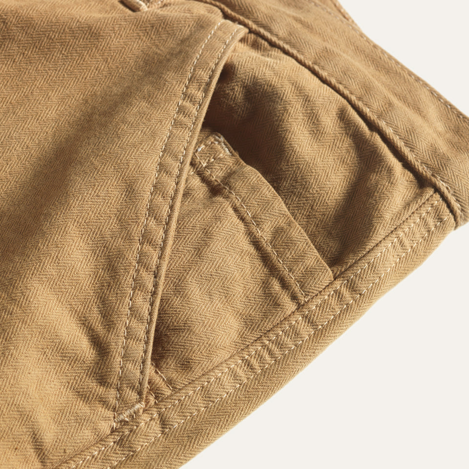 Detail view of tan cotton twill pants made in USA by Ginew