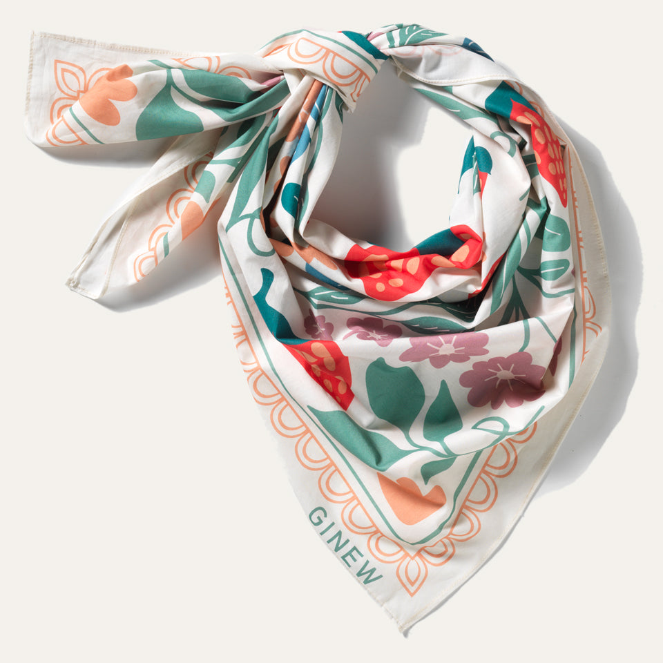 Styling option for Colorful Oneida strawberry extra large bandana wild rag