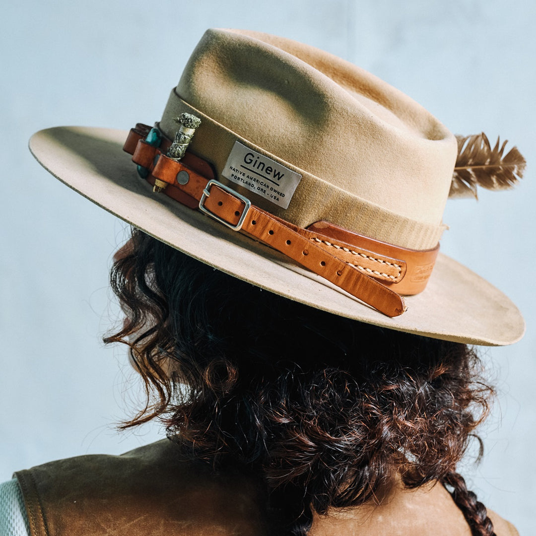 Native American made hat by Ginew and Thunder Voice Hat Co in tan and leather