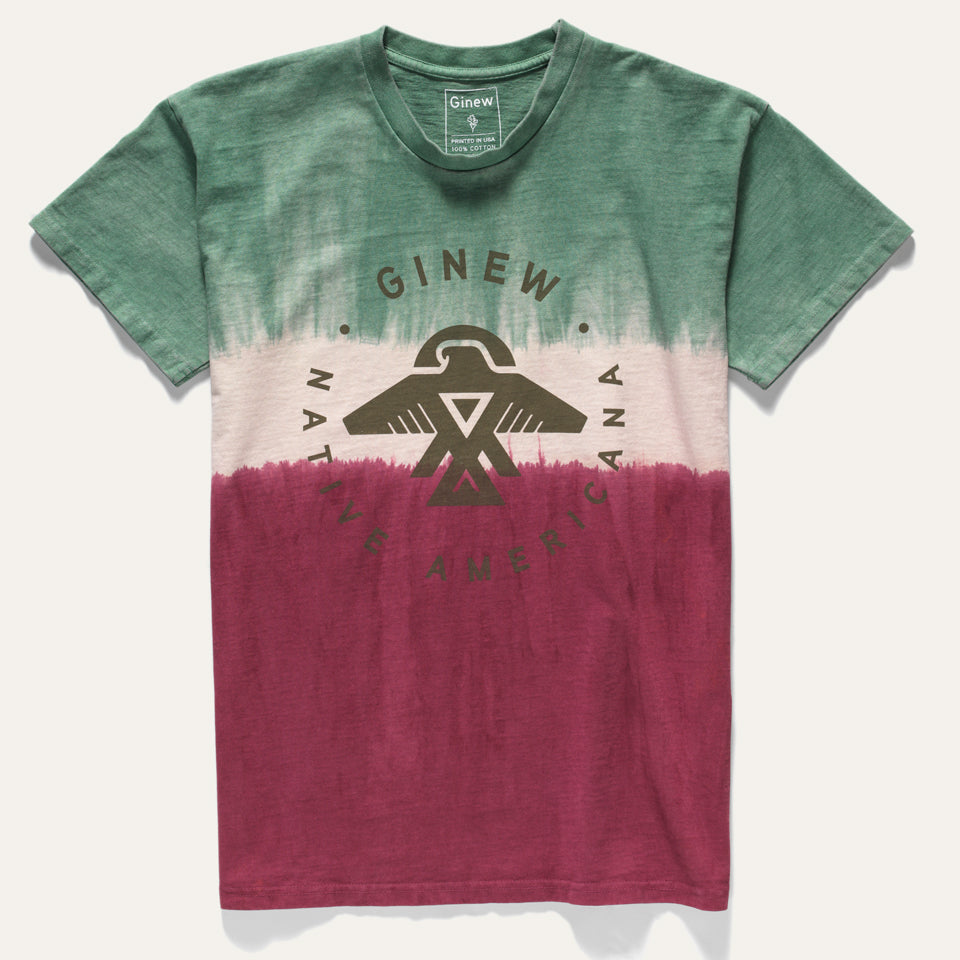 Native American Ginew's cotton tie dye tee in green, off-white and maroon with iconic Ojibwe thunderbird in army green