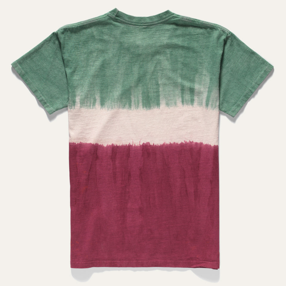 Back of Native American Ginew's cotton tie dye tee in green, off-white and maroon 