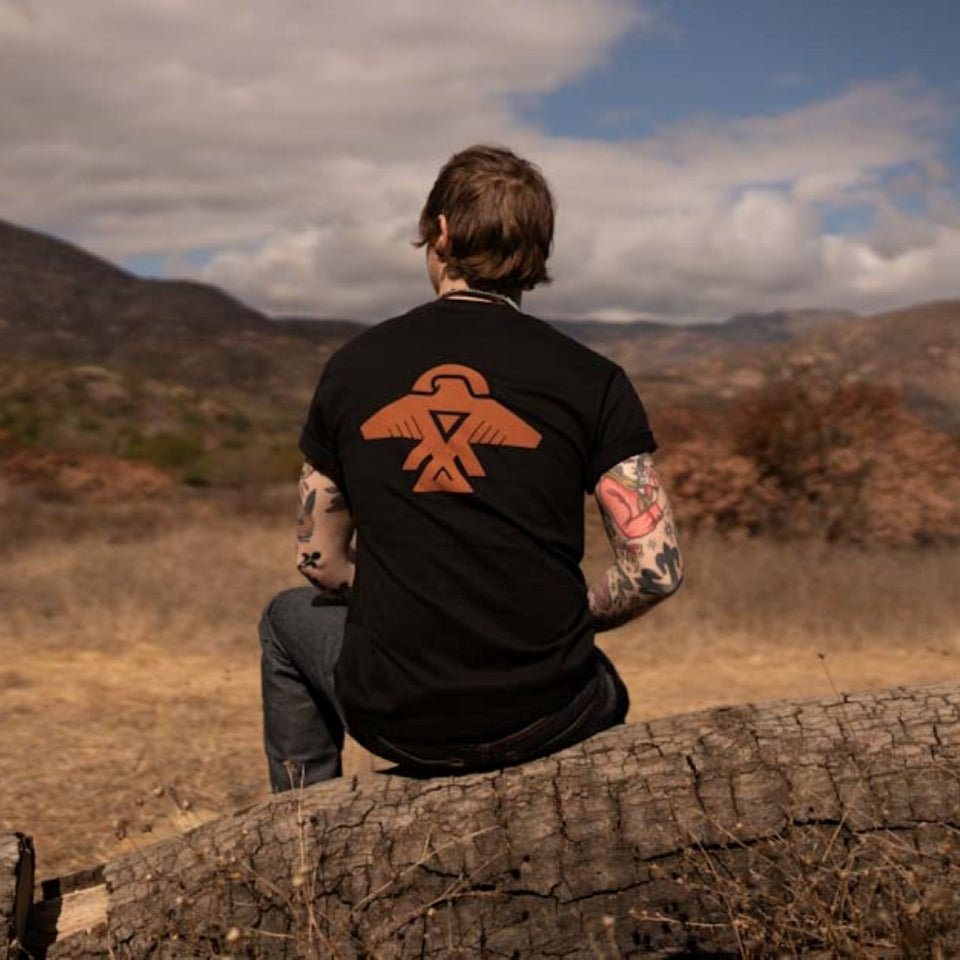 Man looking at horizon wearing Native American Ojibwe Thunderbird black t-shirt by Ginew 