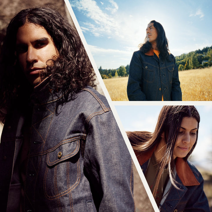 Native American models wearing Ginew made in USA denim jacket