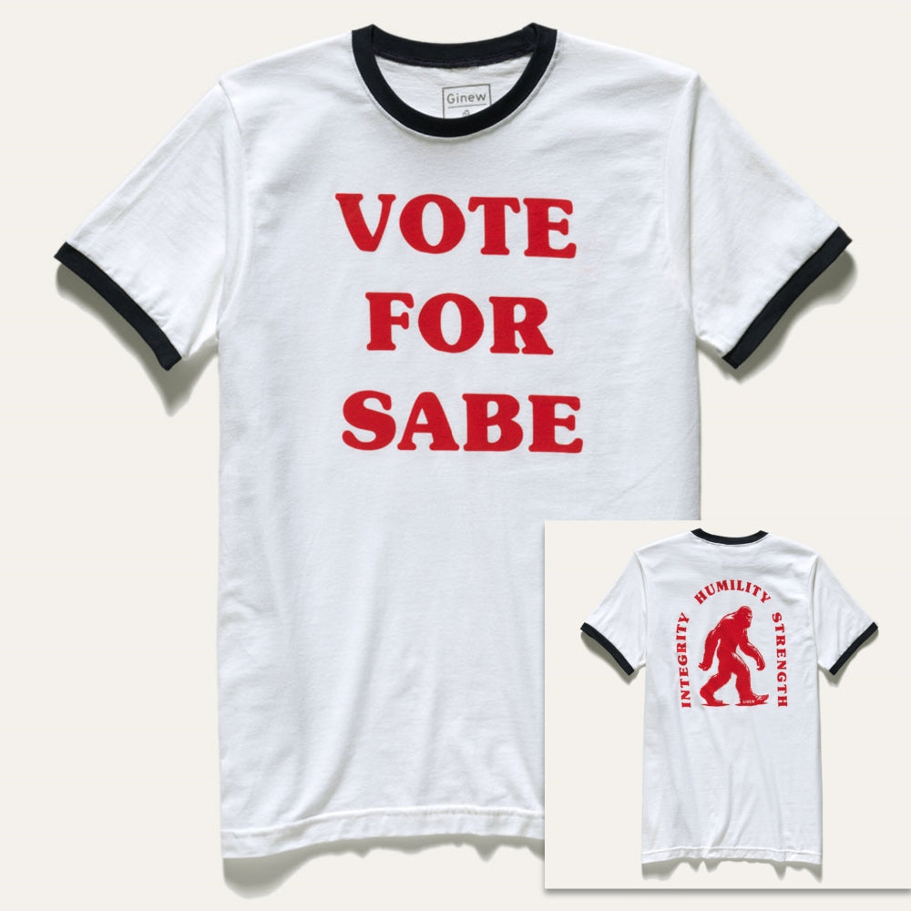 Vote for Bigfoot Sasquatch Sabe t-shirt in white with ring collar image of Bigfoot in corner with words Integrity, Humility Strength