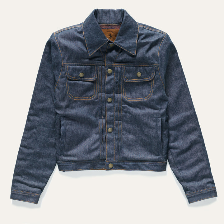 Front of Wool lined deadstock denim coat 