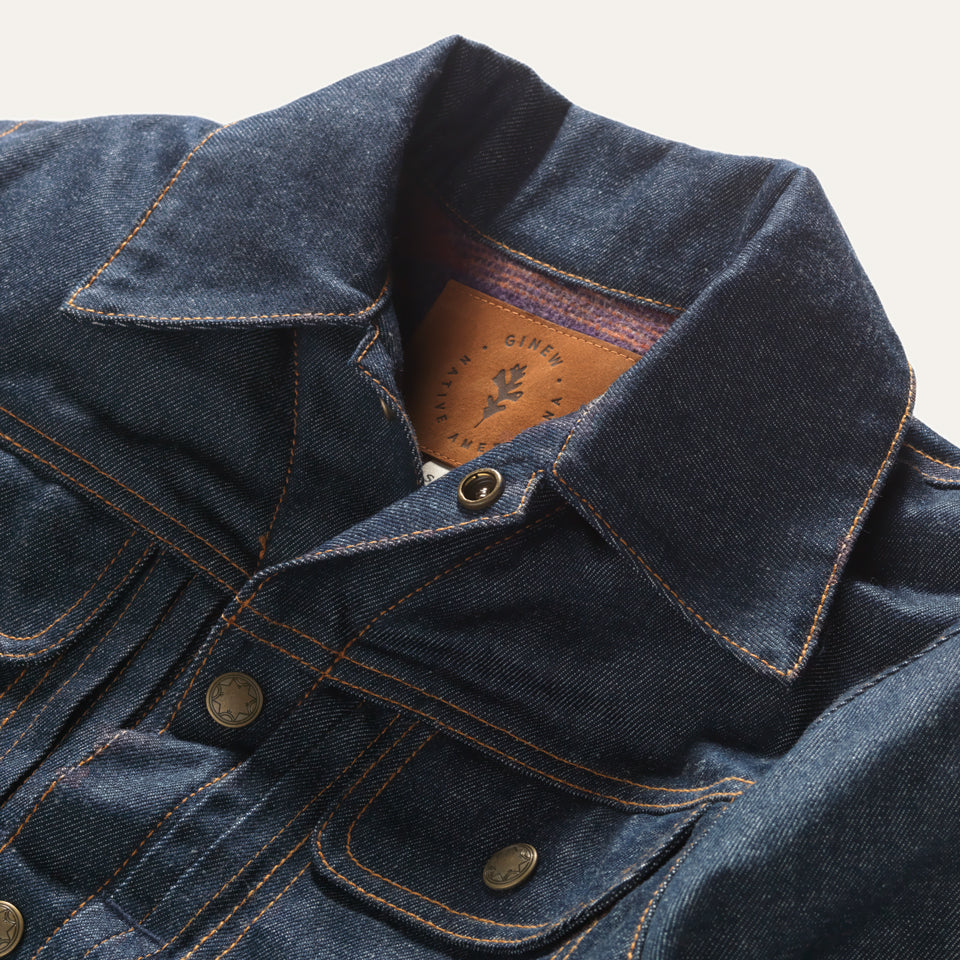 Collar with leather label close up on Wool lined deadstock denim coat 