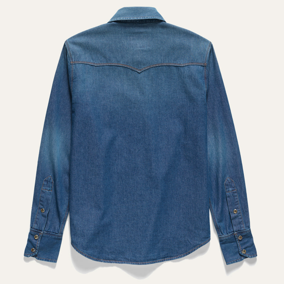 back of Blue Washed chambray western snap shirt with Native American Ginew Tag 