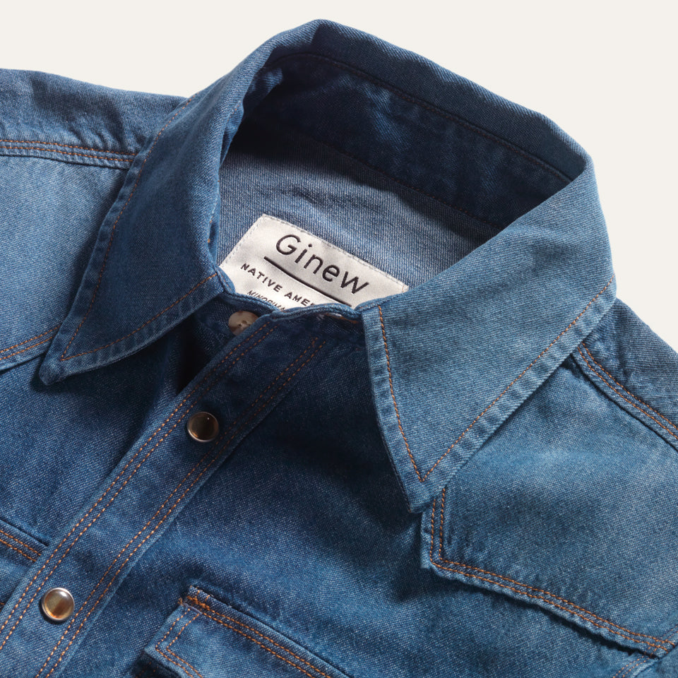 Blue Washed chambray western snap shirt with Native American Ginew Tag 