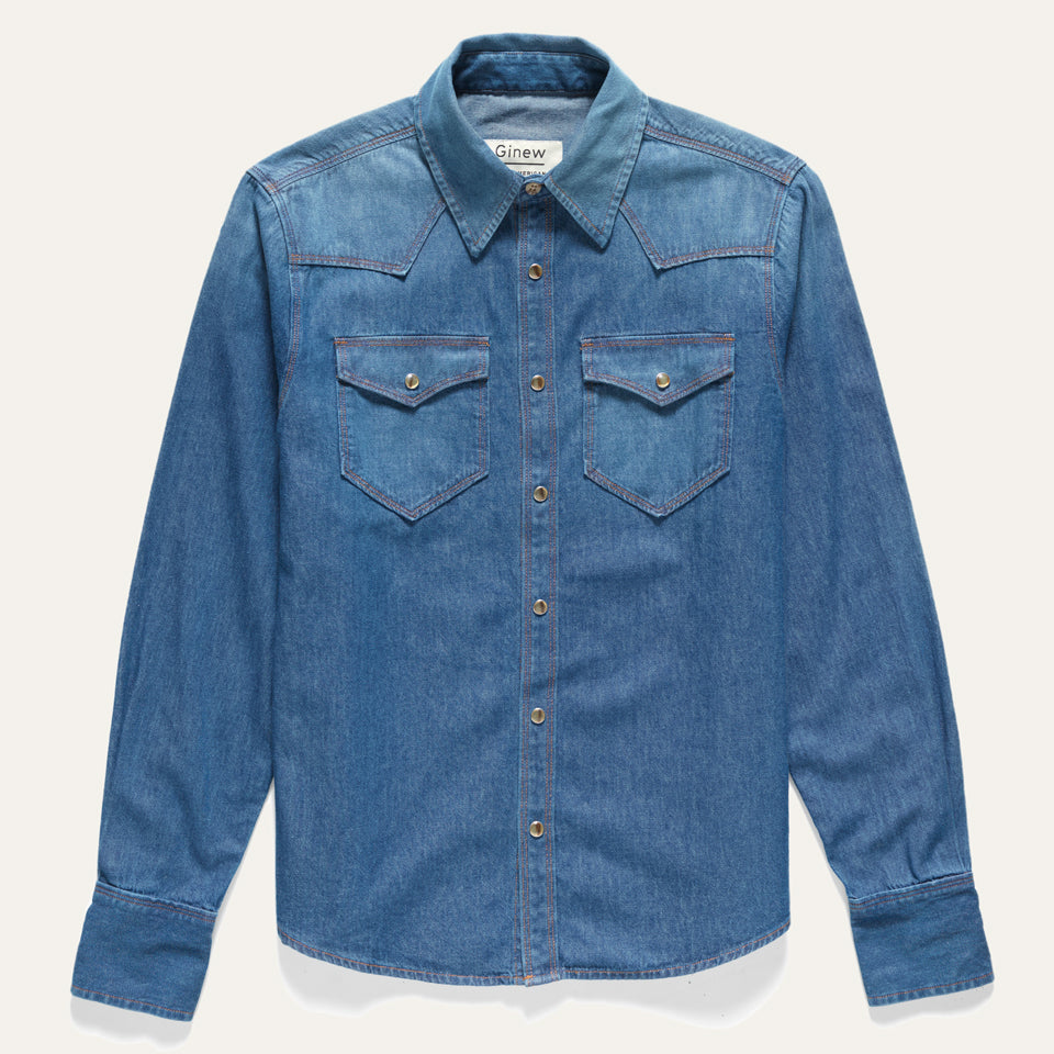 Custom washed chambray western snap shirt with Native American Ginew label 