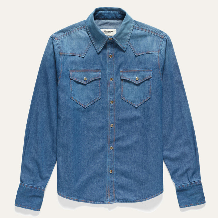 Custom washed chambray western snap shirt with Native American Ginew label 
