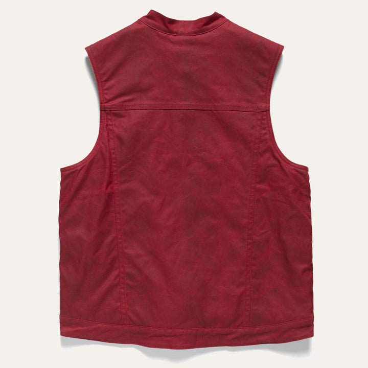 Back of Red maroon wax canvas vest made in USA by Ginew. Native American designed wool lining. 