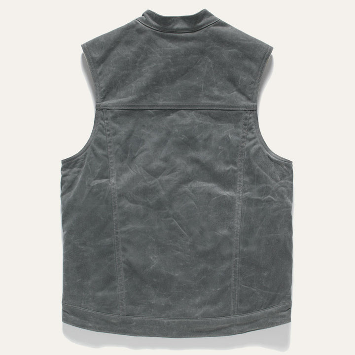Back of grey wax canvas lined vest made in USA by Ginew
