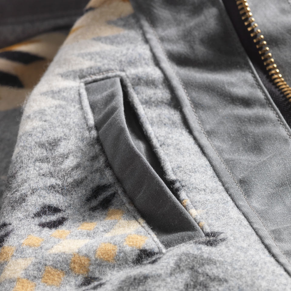 Close up Wax Canvas Vest in Grey with Wool Lining IN grey, white, brown and tan.