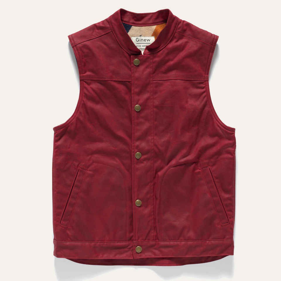 Red maroon wax canvas vest made in USA by Ginew. Native American designed wool lining. 