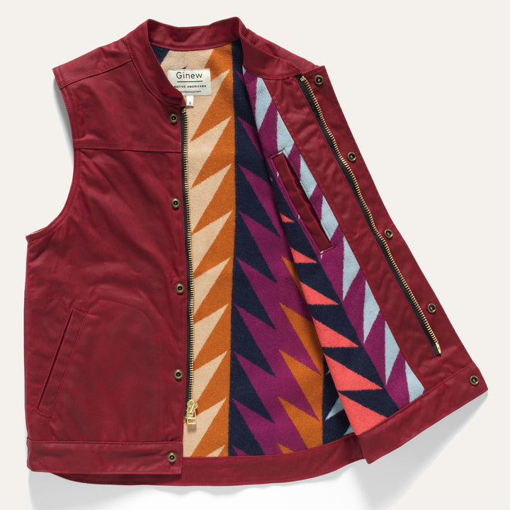 Red maroon wax canvas vest made in USA with colorful wool lining made by Ginew