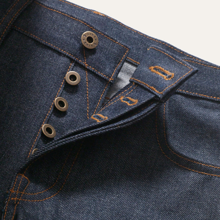 Detail view of five button fly on West Fork Selvedge Denim Jean.