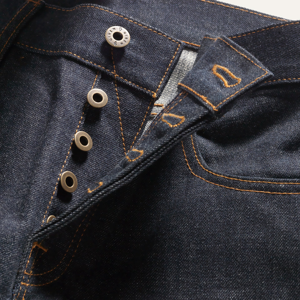 Button fly on Indigo selvedge Japanese denim jeans made in USA by Native American 