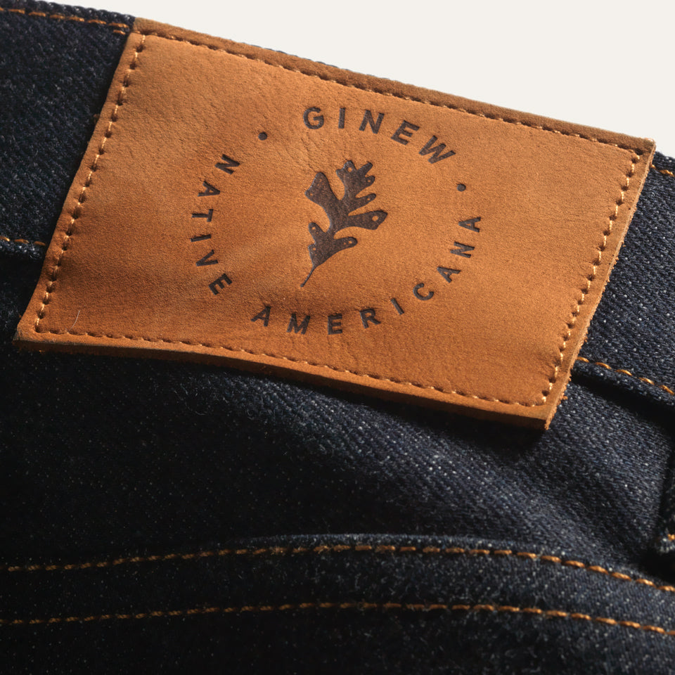 Leather patch close up on Indigo selvedge Japanese denim jeans made in USA by Native American 