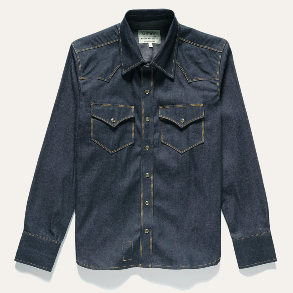 All cotton deadstock chambray western snap with faux tortoise shell snaps. Native American Ginew tag inside. 