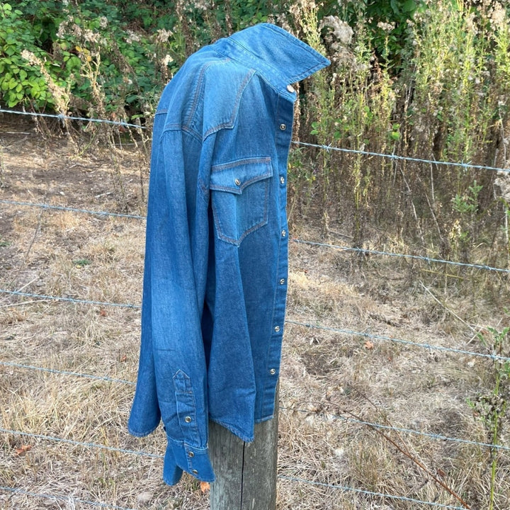 Fence and Custom washed chambray western snap shirt with Native American Ginew label 