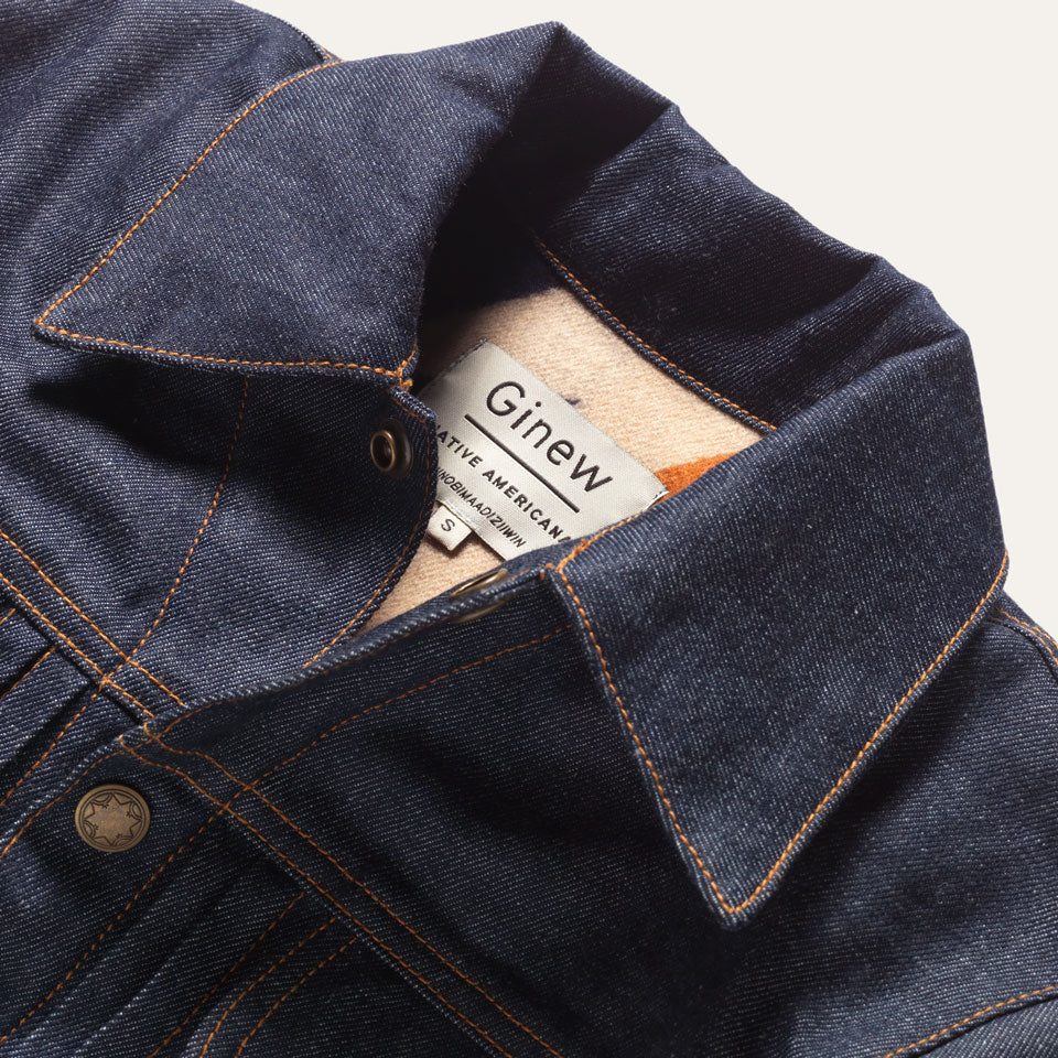 Denim coat made in USA by Ginew with close up of interior tag that says Native Americana