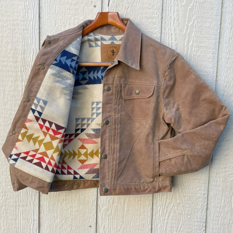 Women's brown wax canvas coat with colorful, southwest Pendleton wool lining with Native American Ginew tag