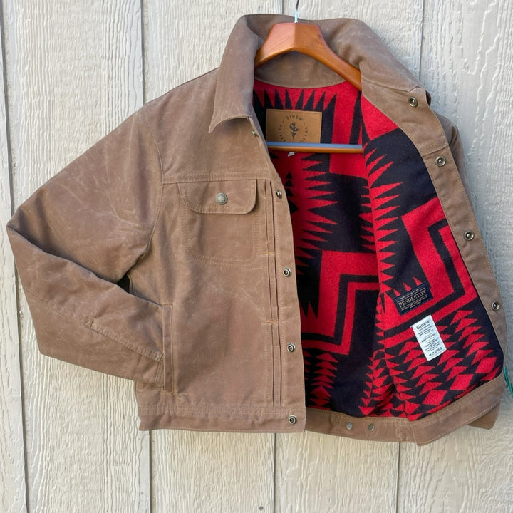 Womens brown wax canvas coat with Pendleton wool black and red lining by Native American Ginew 