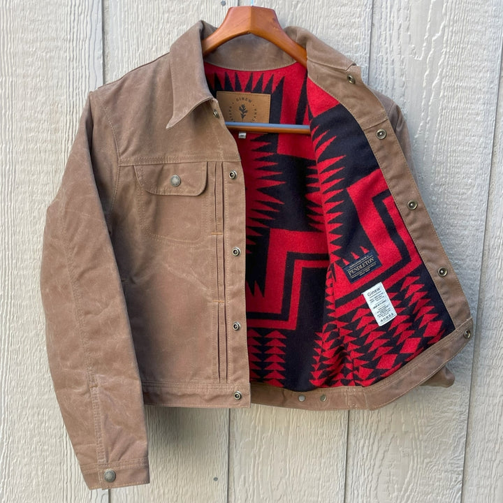 Womens brown wax canvas type 2 coat with red and black Pendleton lining with Native American Ginew tag