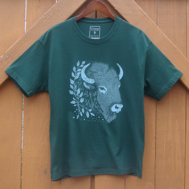 Hunter Green Cotton Bison Buffalo t-shirt made in USA hanging on fence