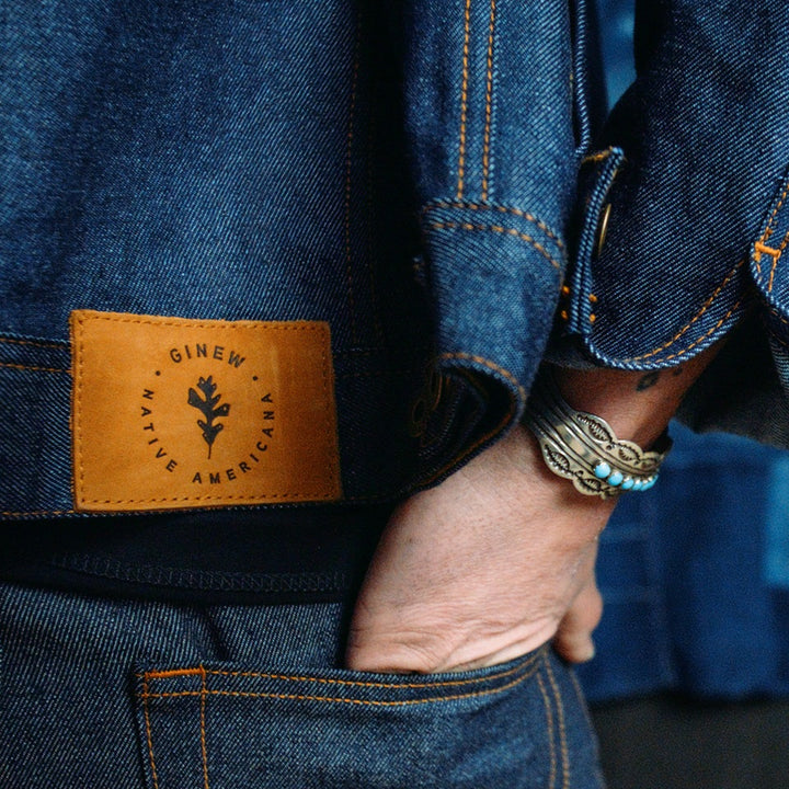 Back leather patch on deadstock denim with Ginew Genesis oak leaf