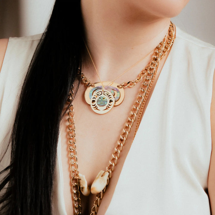 Native American made gold plated necklace and abalone from Ginew and Copper Canoe Woman